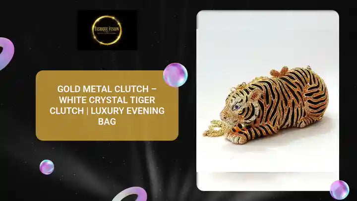 Gold Metal Clutch &ndash; White Crystal Tiger Clutch | Luxury Evening Bag by@Outfy